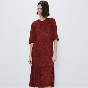 NWOT Zara Red & Black Dainty Floral Tiered Midi Dress